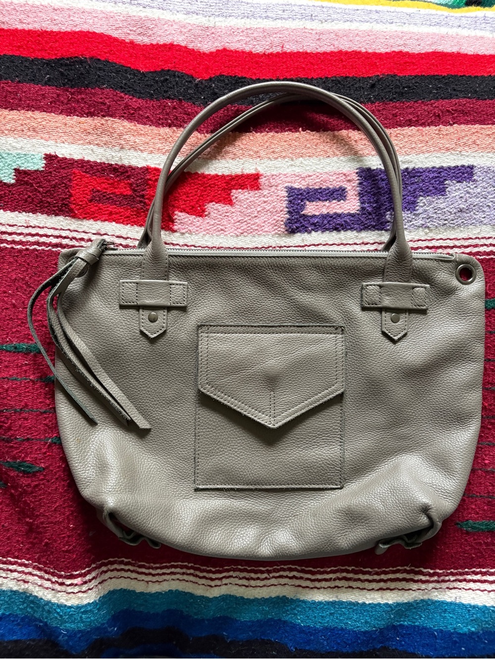 Allison Burns Gray Leather Los Angeles Tote Bag with Front Pocket